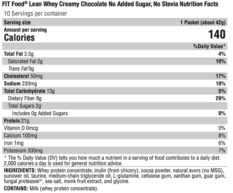 FIT Food® Lean Whey Creamy Chocolate No Added Sugar, No Stevia 10 Servings - Clinical Nutrients